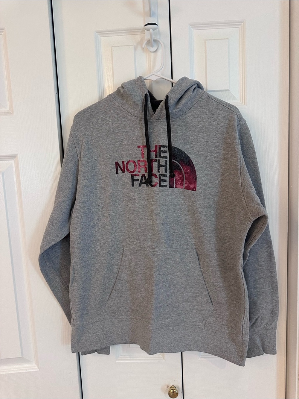 The North Face Men's Gray Crewneck Hoodie with Burgundy Logo